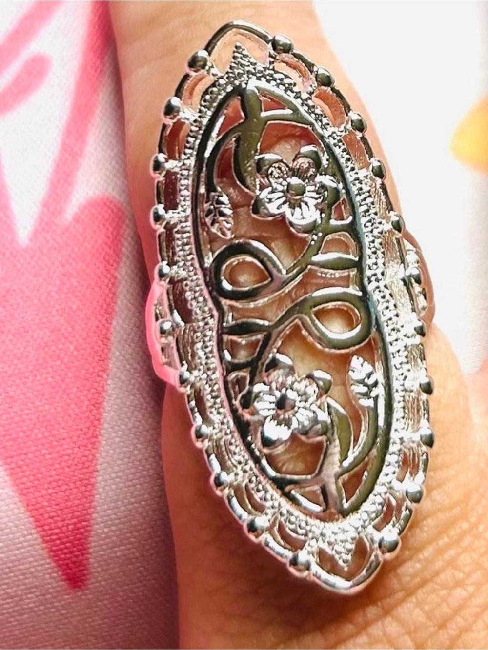 Long Silver Floral Ring